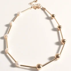 Adorne Ball Pearl Half/Half Short Necklace - Cream/Gold - AD10 Best