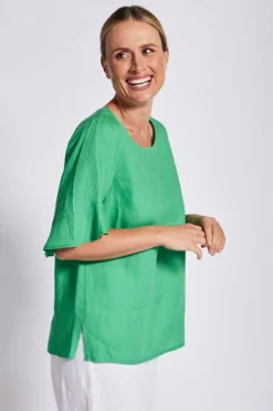 See Saw Flutter Sleeve Linen Top - Emerald - SS11 Best