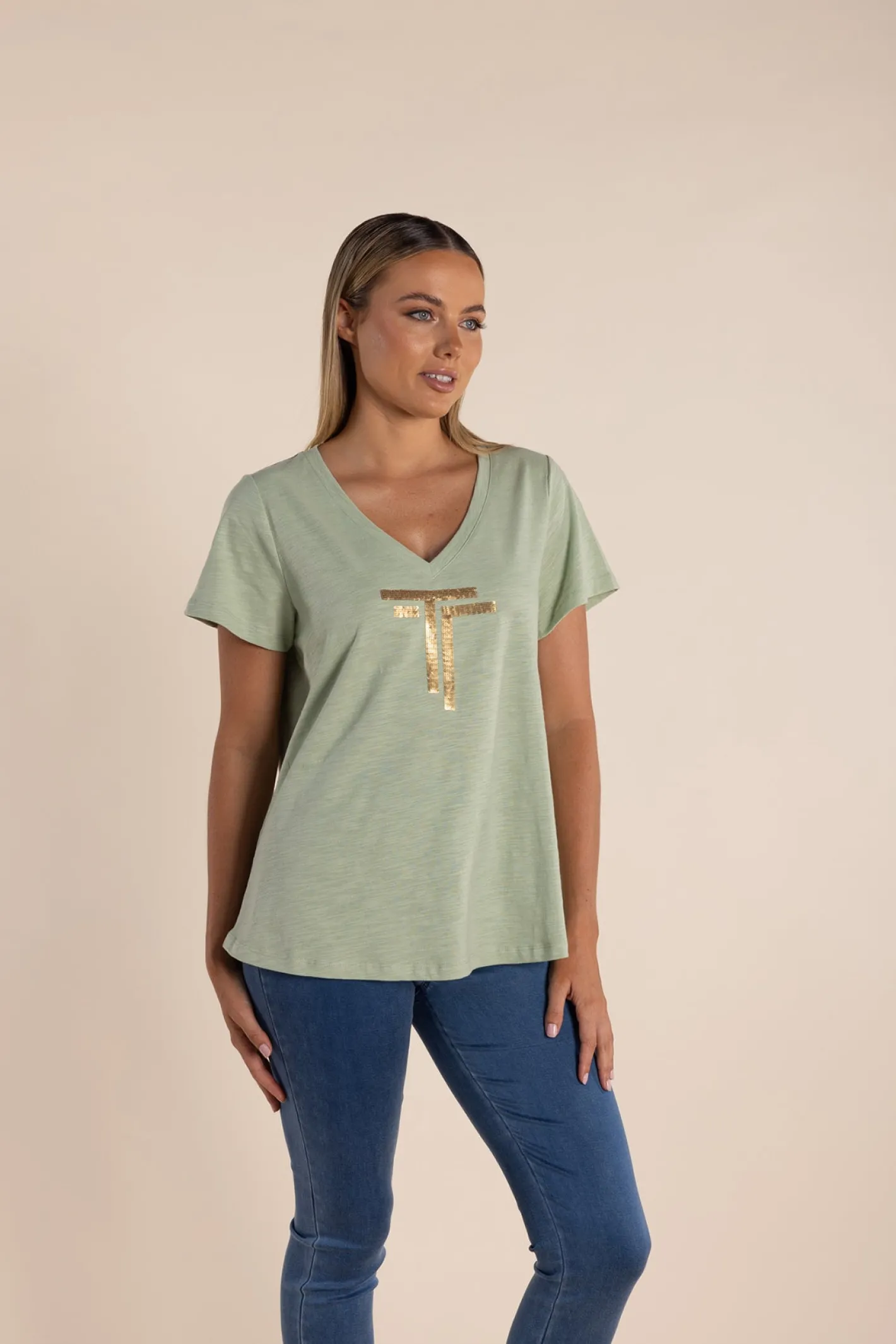 Two-T's Gold Logo Sequin V-Neck Tee - Avocado - TT52 Hot
