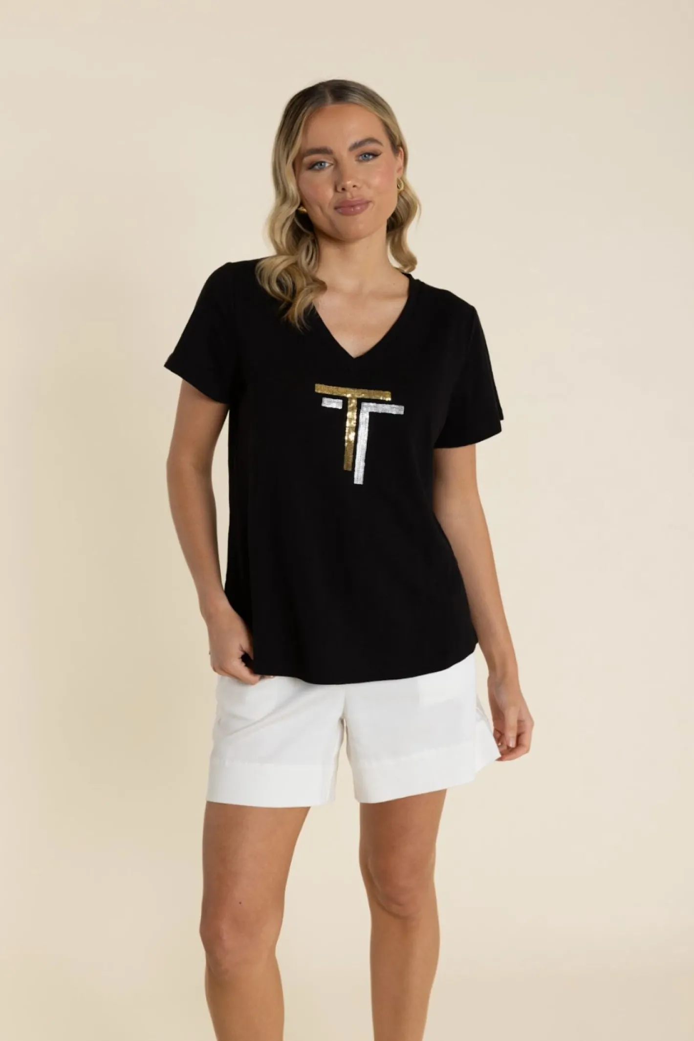 Two-T's Gold/Silver Logo Sequin V-Neck Tee - Black - TT60 Discount