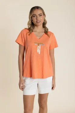 Two-T's Gold/Silver Logo Sequin V-Neck Tee - Tangelo - TT60 Clearance