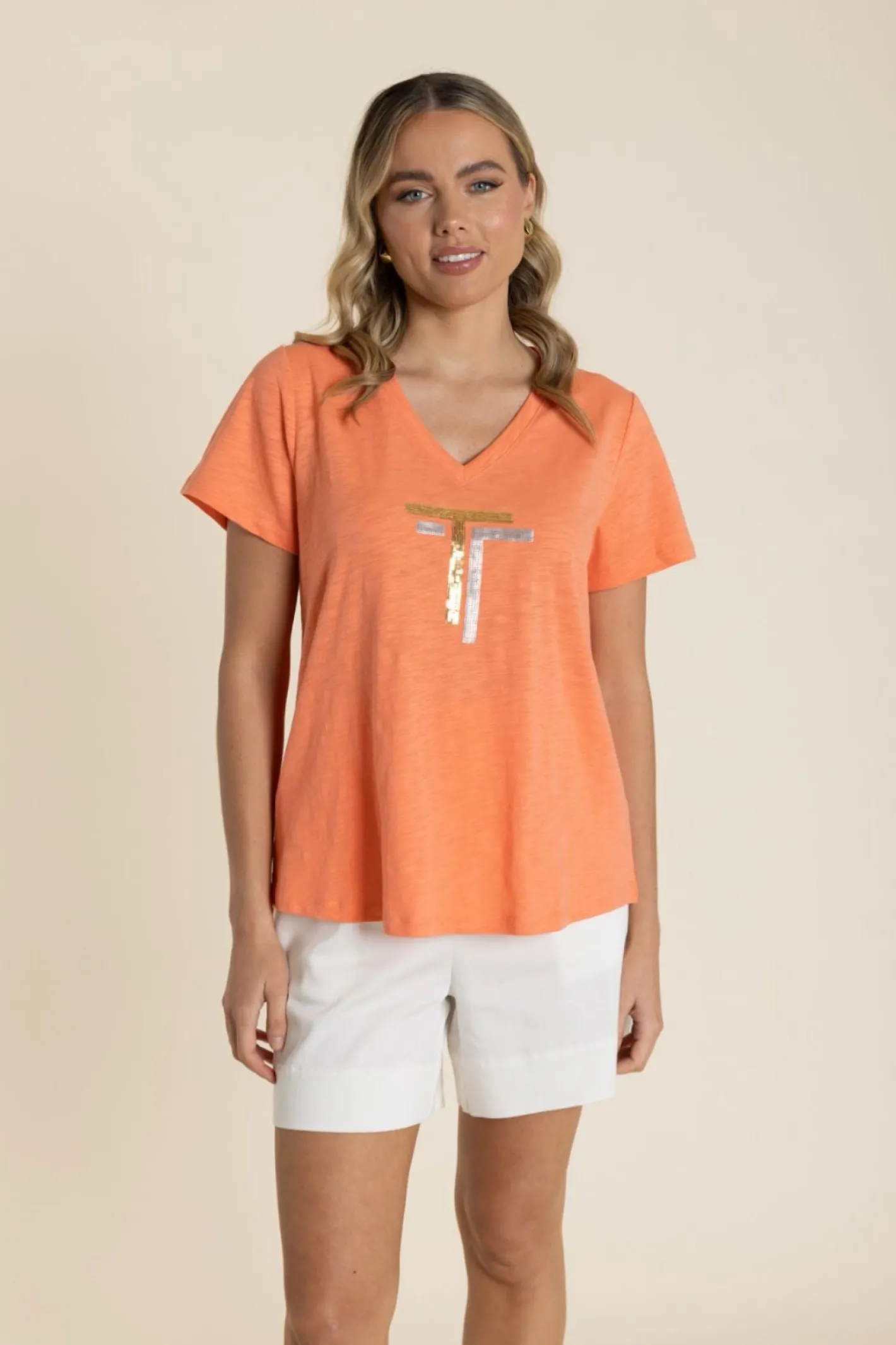 Two-T's Gold/Silver Logo Sequin V-Neck Tee - Tangelo - TT60 Clearance