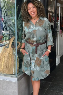 Cindy G Lily Leaf Print Shirt Dress - Khaki - CG39 Clearance