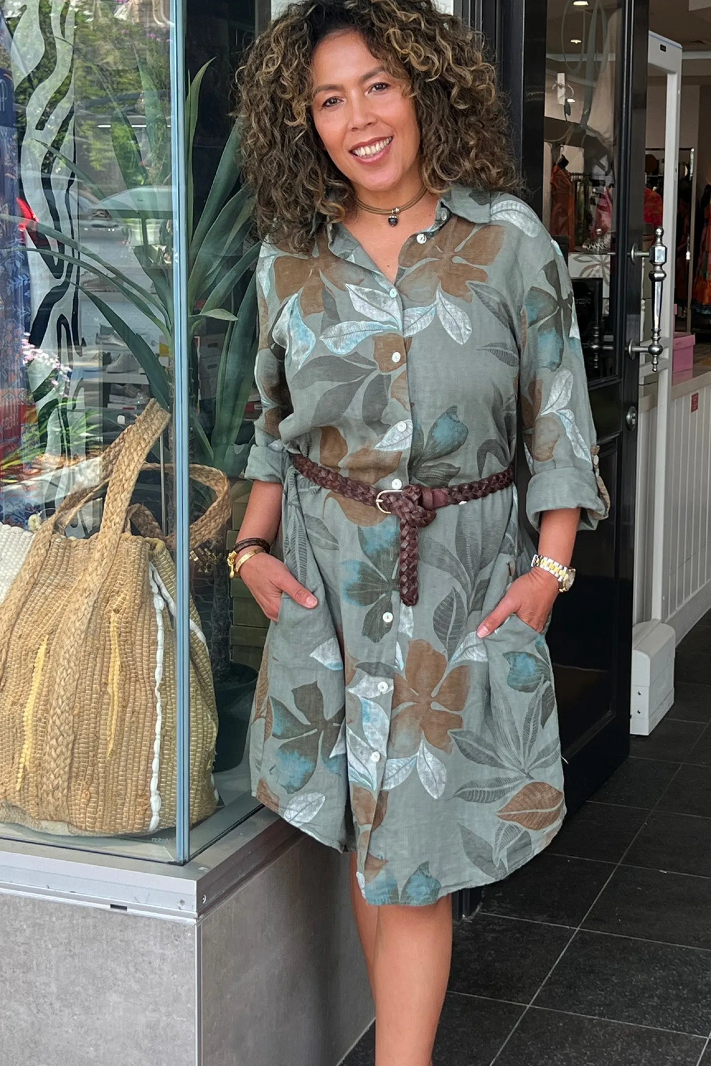 Cindy G Lily Leaf Print Shirt Dress - Khaki - CG39 Clearance