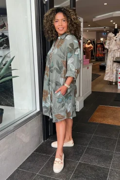 Cindy G Lily Leaf Print Shirt Dress - Khaki - CG39 Clearance
