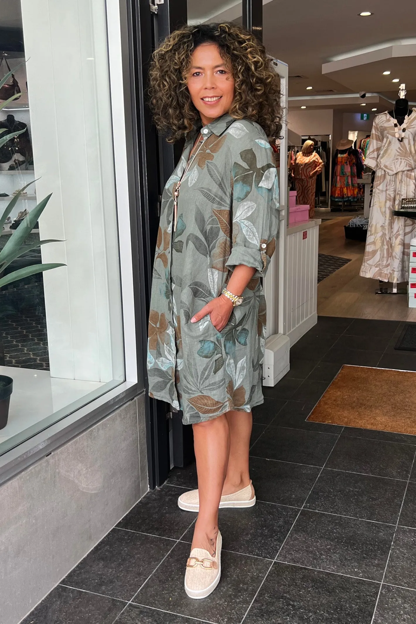 Cindy G Lily Leaf Print Shirt Dress - Khaki - CG39 Clearance