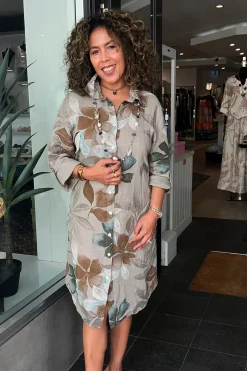 Cindy G Lily Leaf Print Shirt Dress - Natural - CG39