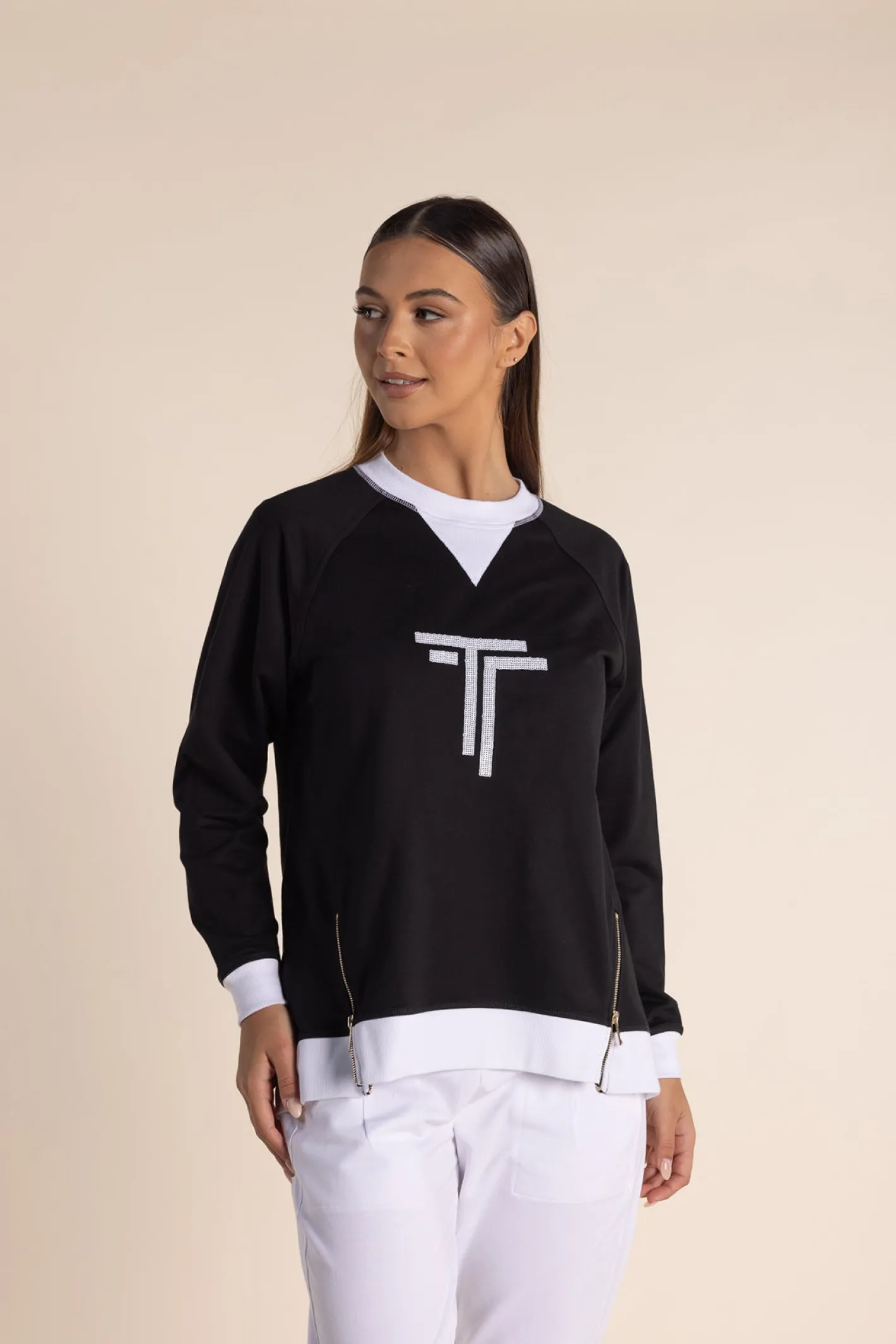 Two-T's Naya Zip Sweat - Black / White - TT54 Clearance