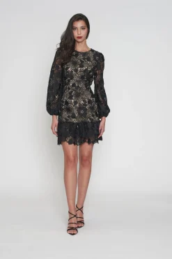 Romance Paris Puff Sleeve Dress - Black/Nude - ROM43 Hot