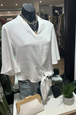 Joseph Ribkoff Satin V-Neck Top with Front Tie - Vanilla - JR4