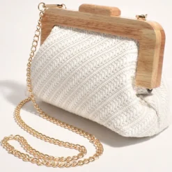 Adorne Tessa Diagonal Weave Timber Frame Clutch - White - AD14 Online
