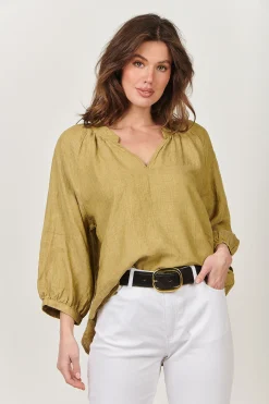 Naturals By O & J Trudy V-Neck Linen Top - Peridot - OJ24 Clearance