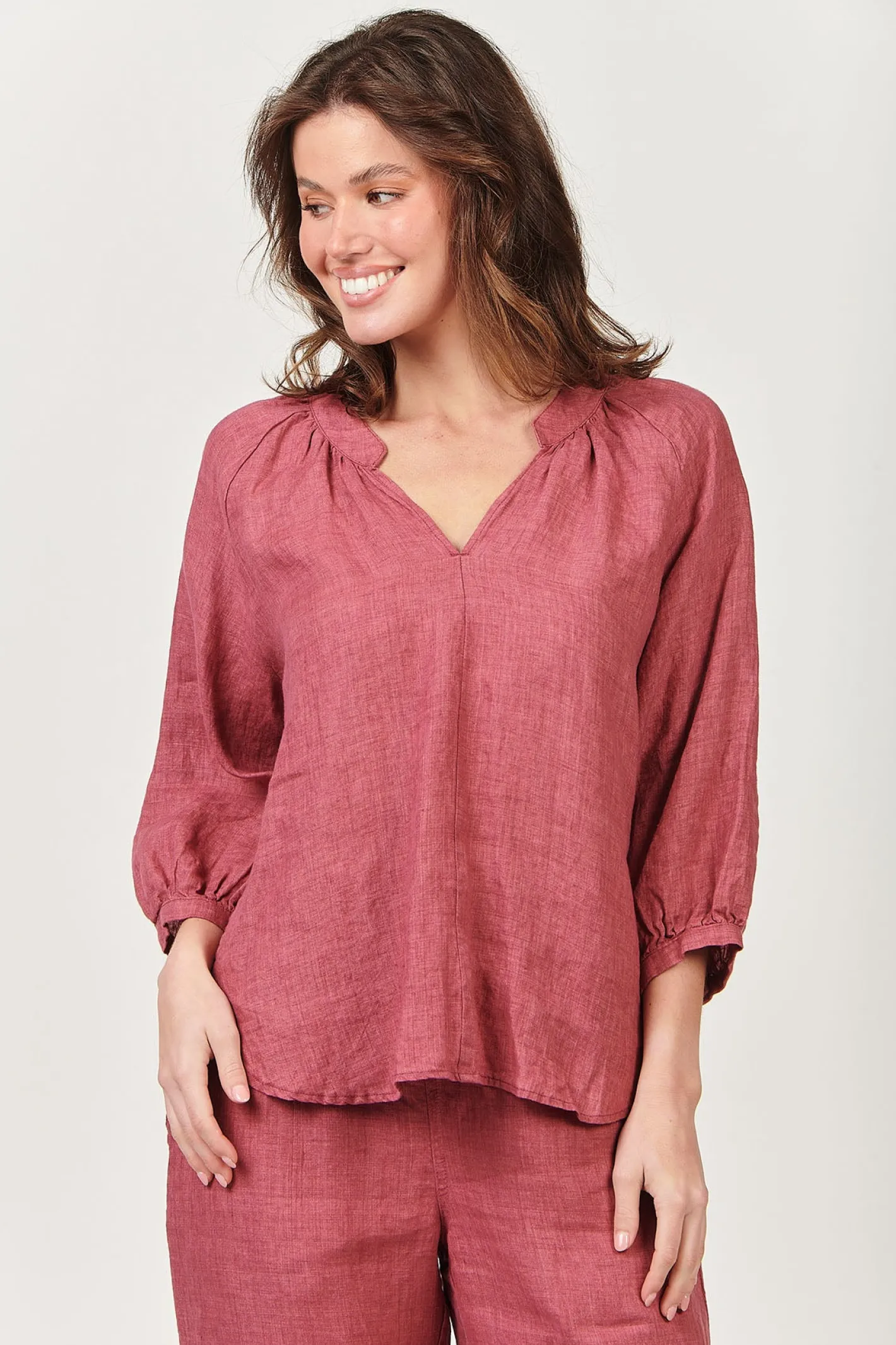 Naturals By O & J Trudy V-Neck Linen Top - Rhubarb - OJ24 Discount