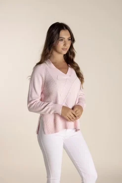 Two-T's Tyra V Neck Cable Sweater - Pale Pink - TT25 Discount